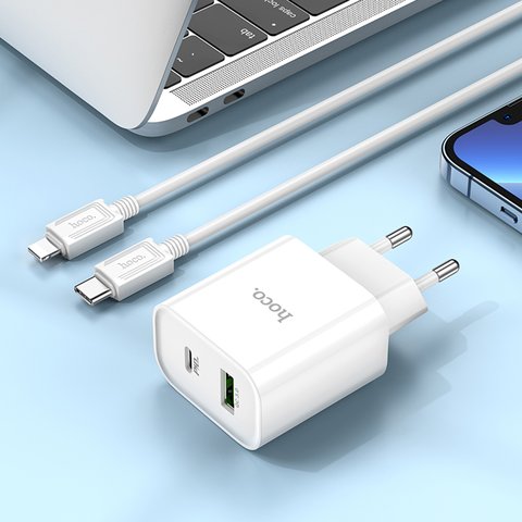 Мережевий зарядний пристрій Hoco C80A Plus, 20 Вт, Power Delivery (PD), білий, 2 порта, #6931474779885 Прев'ю 2