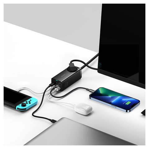 Adaptador de red Baseus GaN3 Pro Desktop, 65 W, Quick Charge, negro, con un zócalo, con cable USB tipo C - USB tipo C, 4 puertos, 1.5 m, #PSZM000901 Vista previa  2