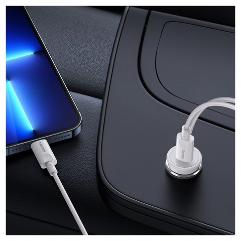 Автомобільний зарядний пристрій Baseus CW01 Magnetic, біле, з кнопкою, з кабелем, 40 Вт, 1 порт, 12-24 B, #SUCX040102 Прев'ю 2