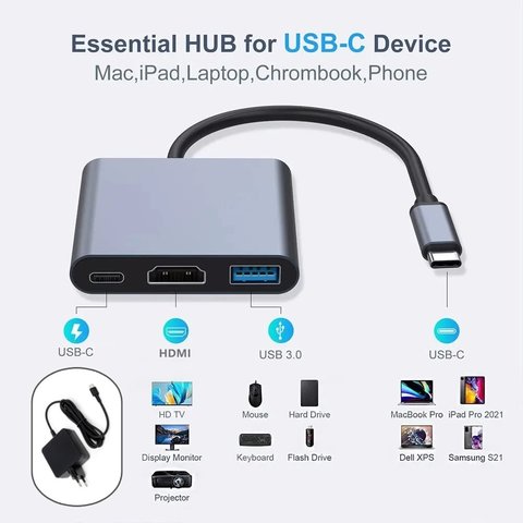 Адаптер Type-C - HDMI + USB3.0 + Type-C, конвертер, білий, hub Прев'ю 5