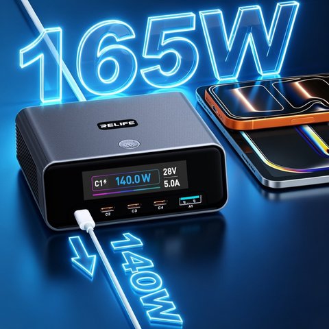 Мережевий зарядний пристрій RELIFE Q8, 165 Вт, Quick Charge, Power Delivery (PD), сірий, 5 портів Прев'ю 2